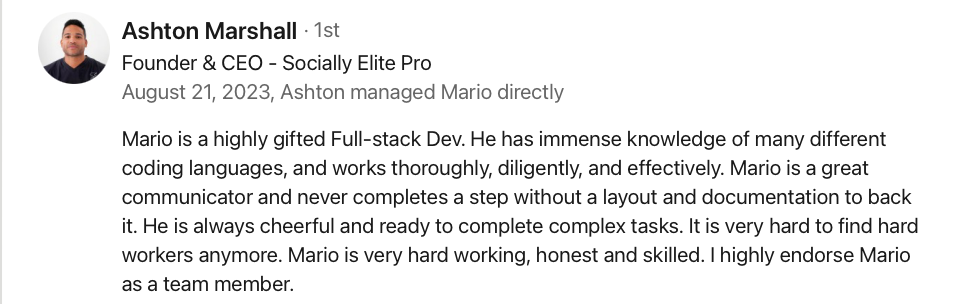 Testimonial picture from Ashton Marshall, Founder and CEO for Socially Elite Pro